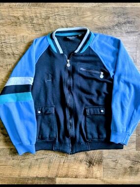 Black & Blue Bomber Jacket with Striped Sleeve